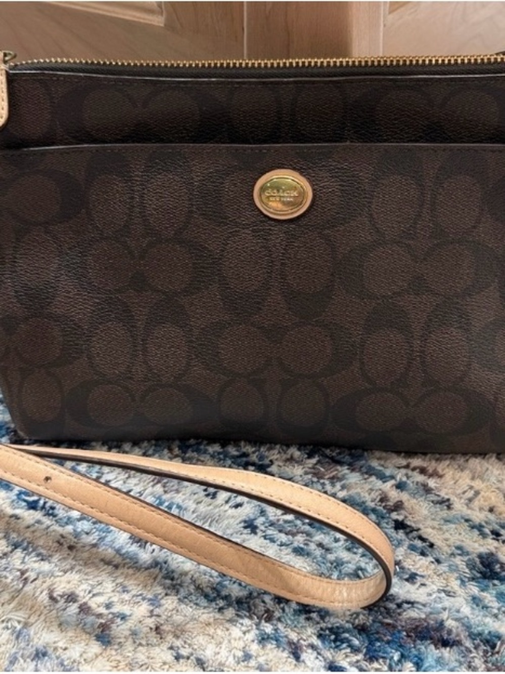 Coach Dark Brown Signature Crossbody with Tan Strap